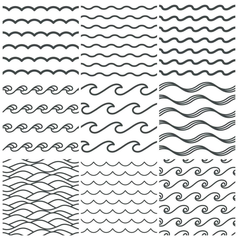 Seamless water waves pattern. Sea wave, ocean waters and wavy lake. Aqua patterns vector background collection