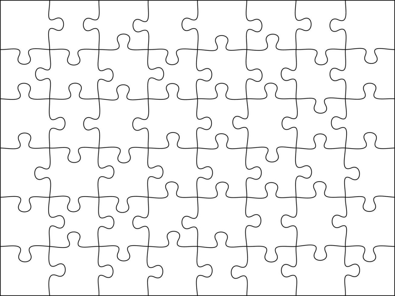 Puzzles grid template. Jigsaw puzzle 48 pieces, thinking game and 8x6 jigsaws detail frame design vector illustration