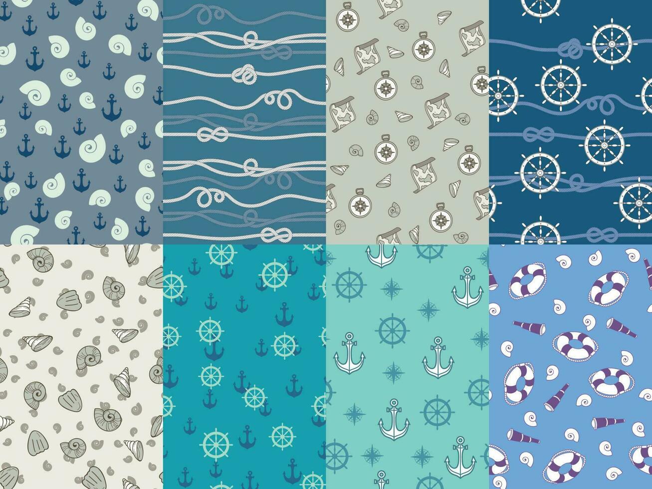 Marine patterns. Navy anchor, blue sea texture and ocean nautical compass seamless pattern vector set