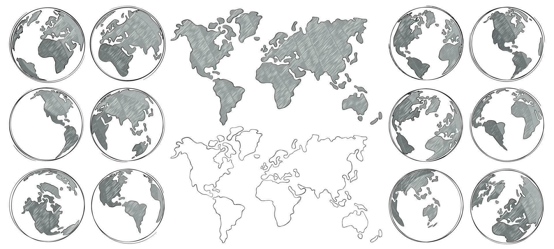 Sketch map. Hand drawn earth globe, drawing world maps and globes sketches isolated vector illustration