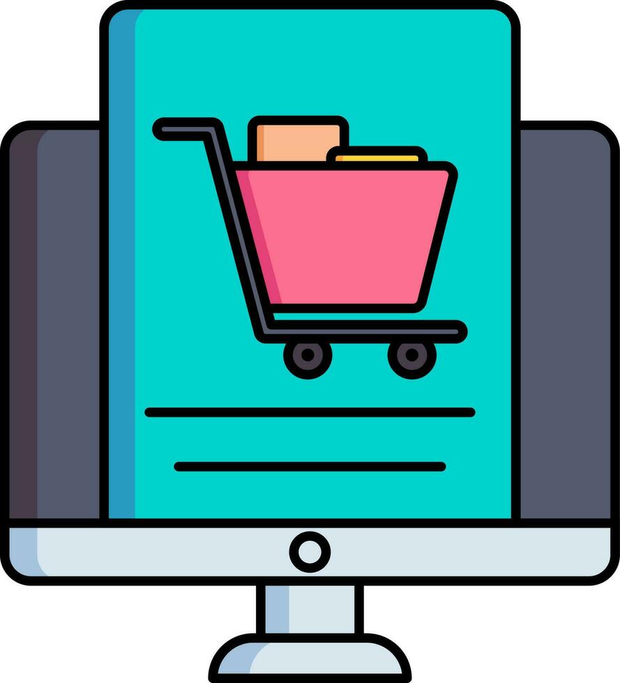 Vector illustration of Online product purchase shopping cart in desktop screen icon.