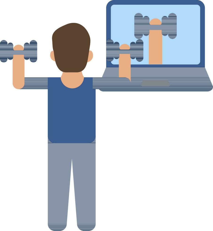 Online looking Man doing weightlifting with dumbbells and laptop icon in blue color. vector