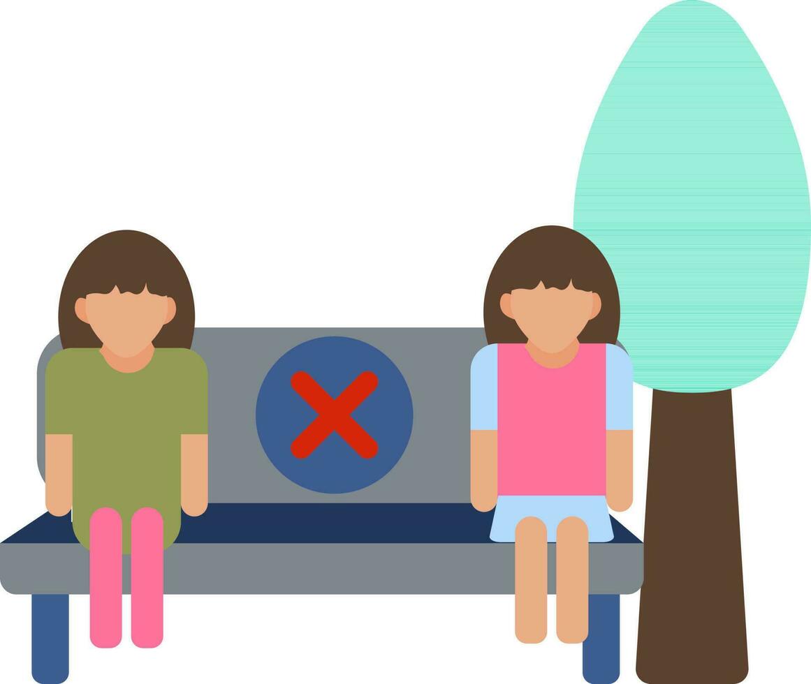 Faceless women sitting on public seats of transport stand or park with social distance icon. vector