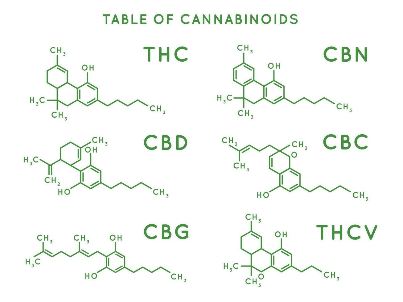 cannabinoide estructura. cannabidiol molecular estructuras, thc y cbd fórmula. marijuana o canabis moléculas vector ilustración