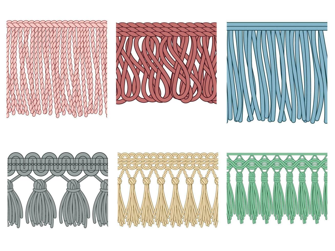 Garment fringe. Ruffle seam trim, raw textile edge and tassel braid ruffles isolated seamless patterns illustration set vector
