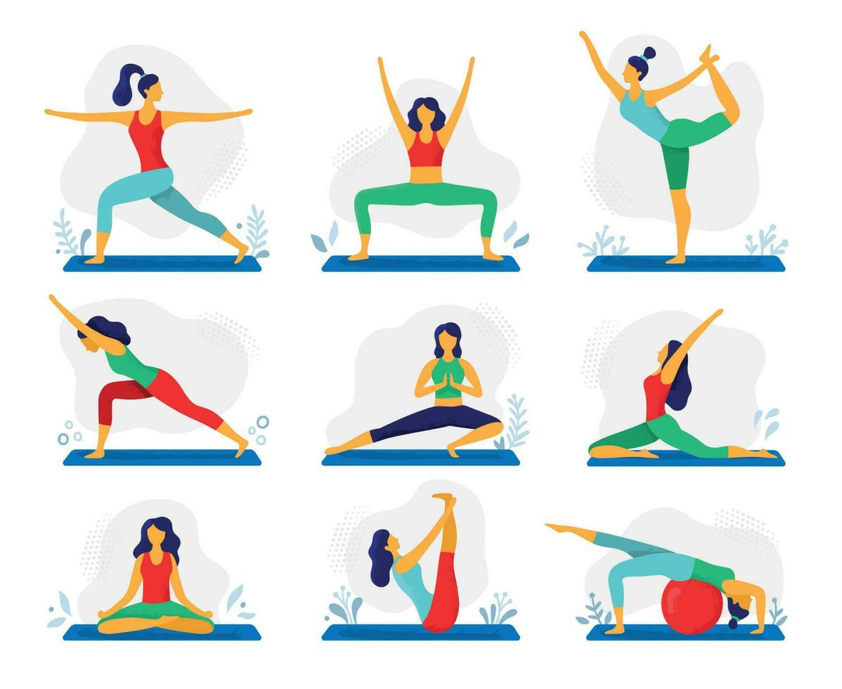 yoga ejercicio. aptitud terapia, sano tramo yoga poses y mujer tratamiento extensión ejercicios plano vector ilustración conjunto