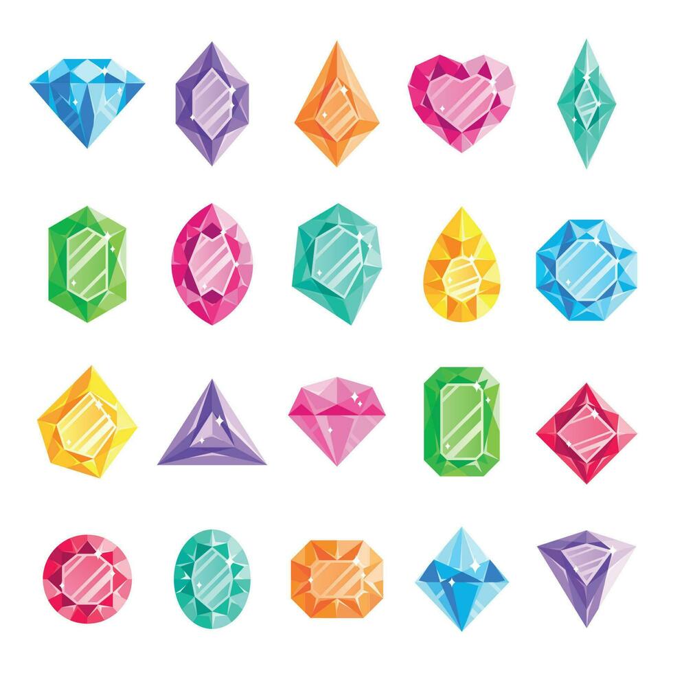 Jewels gems. Jewelry diamond, jewel heart crystal gem and diamonds gemstone isolated vector illustration set