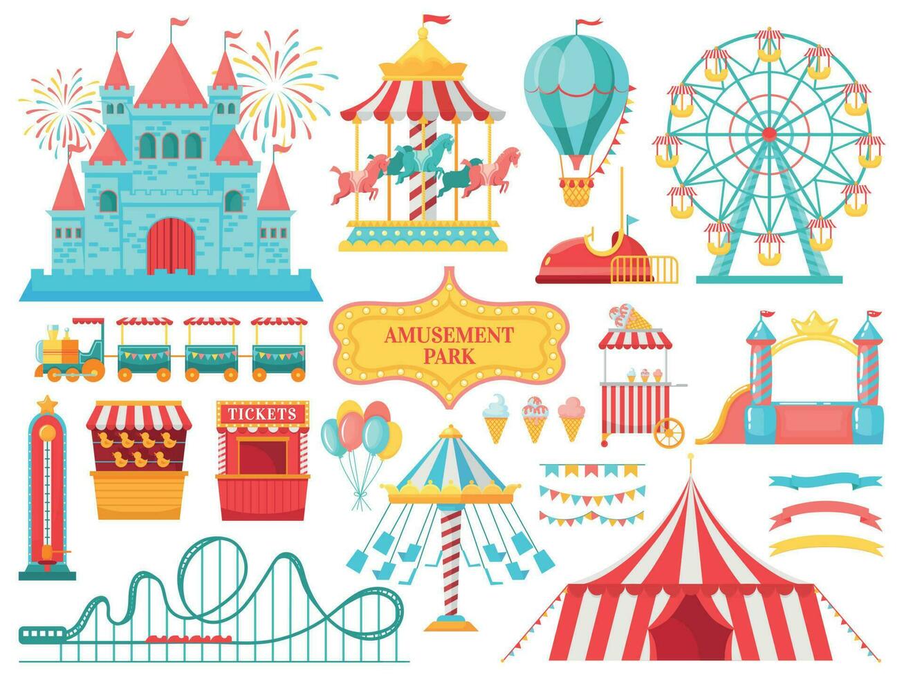 diversión parque atracciones carnaval niños carrusel, ferris rueda atracción y divertido recinto ferial entretenimientos vector ilustración