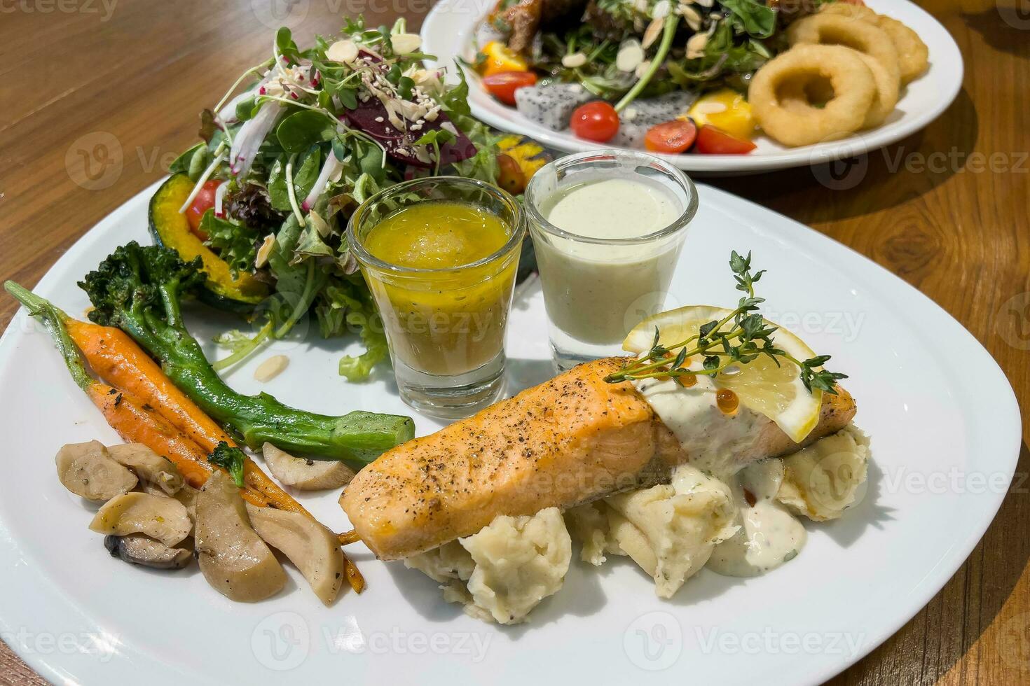 Delicious  food on a wooden table photo