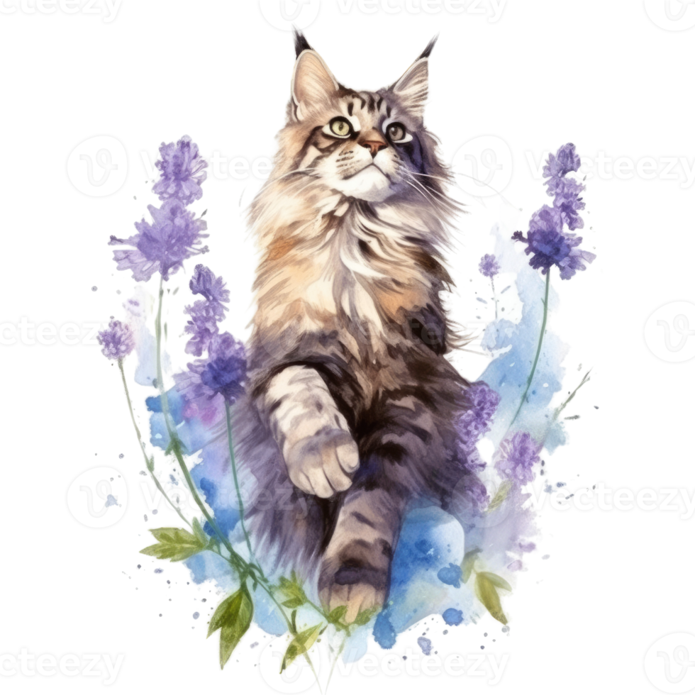 Watercolor painting of Maine Coon Cat isolated transparent background, Digital art, image file format, png