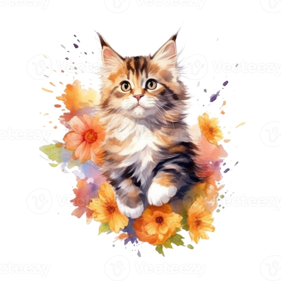 Watercolor painting of Cute Maine Coon Kitten isolated transparent background, Digital art, image file format, png