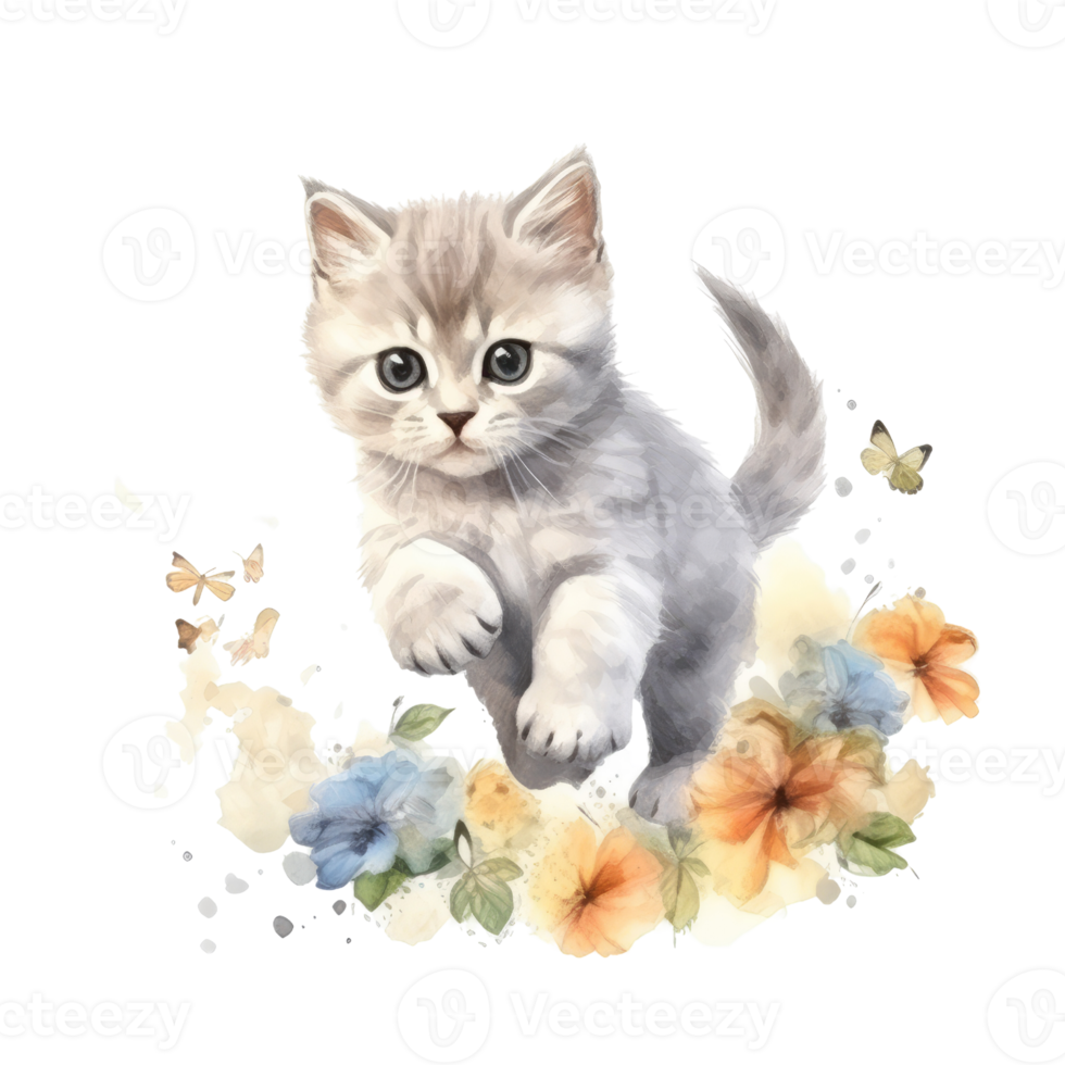 Watercolor painting of cute British Shorthair Kitten isolated transparent background, Digital art, image file format, png