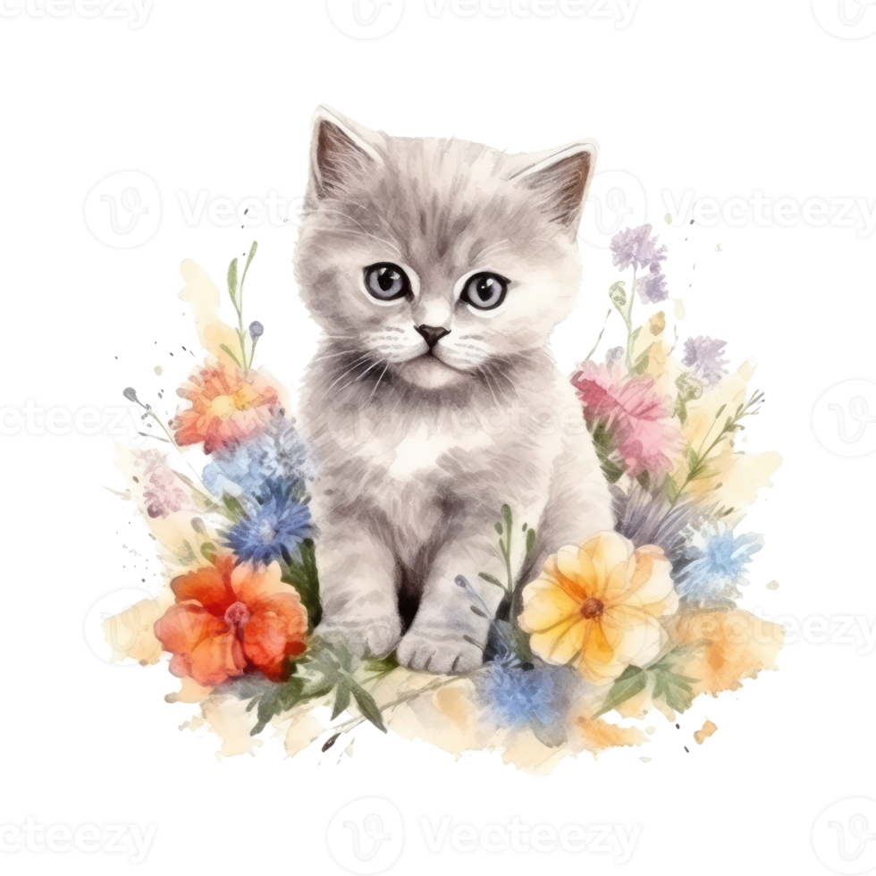 Watercolor painting of cute British Shorthair Kitten isolated transparent background, Digital art, image file format, png