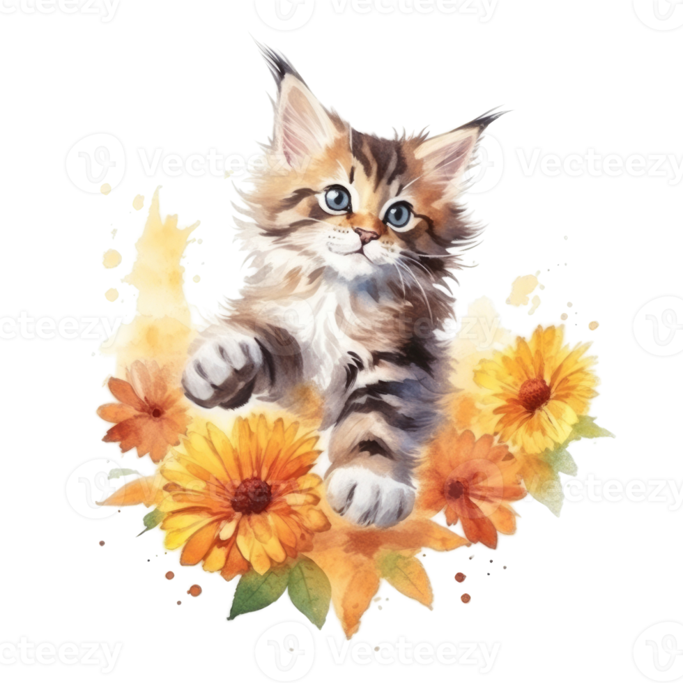 Watercolor painting of Cute Maine Coon Kitten isolated transparent background, Digital art, image file format, png