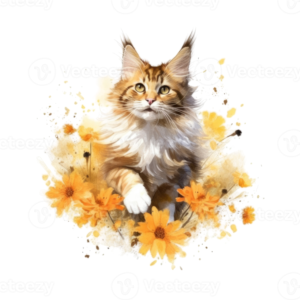 Watercolor painting of Maine Coon Cat isolated transparent background, Digital art, image file format, png