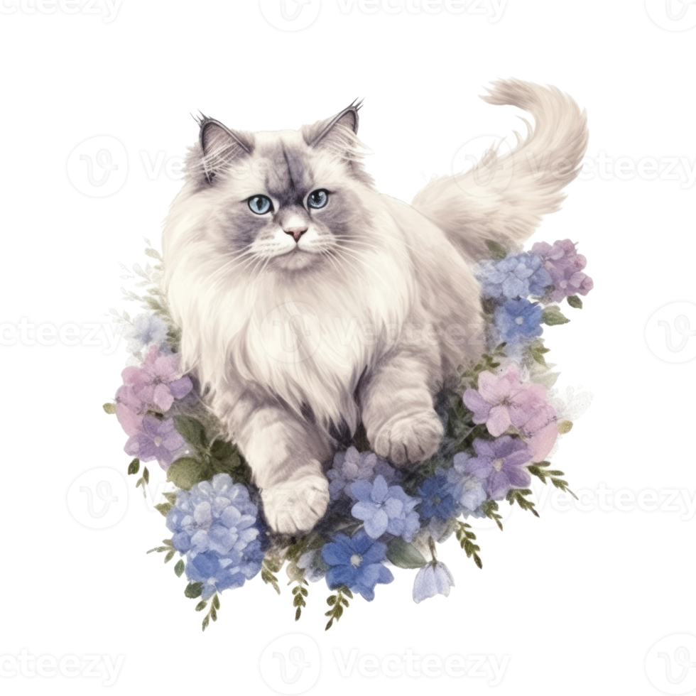 Watercolor painting of Ragdoll Cat isolated transparent background, Digital art, image file format, png