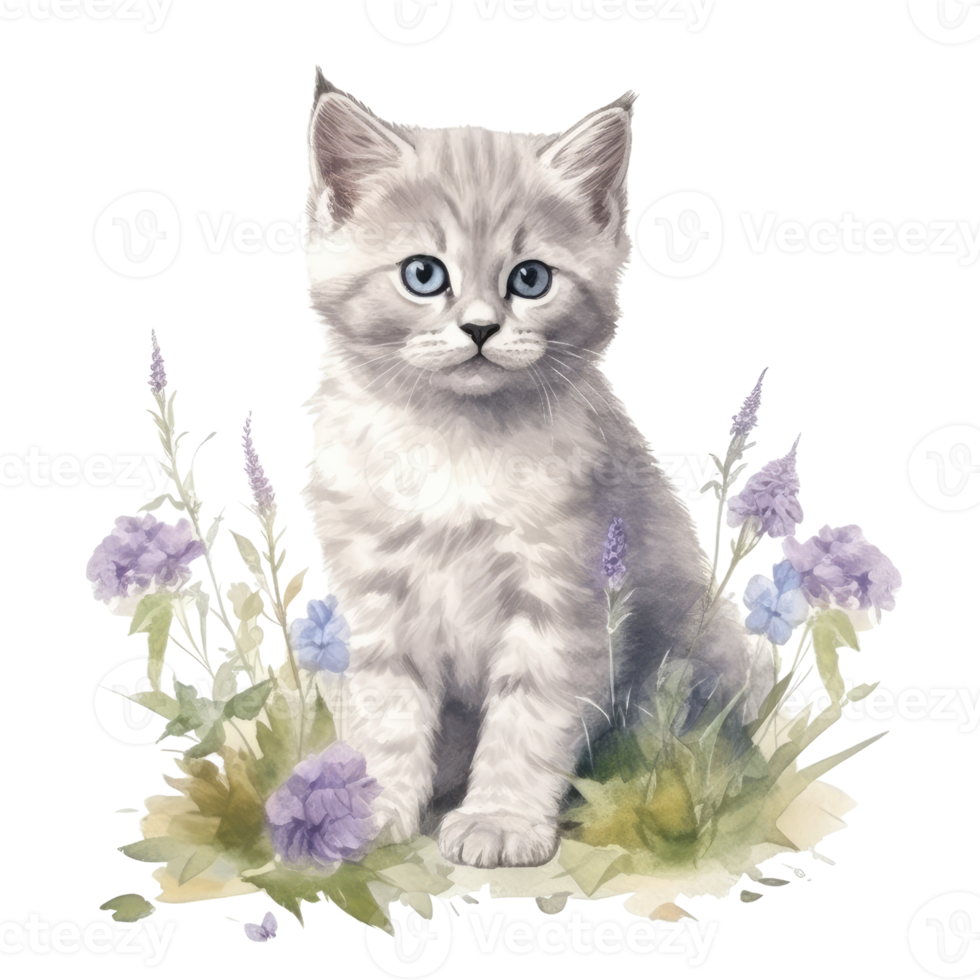 Watercolor painting of cute British Shorthair Kitten isolated transparent background, Digital art, image file format, png