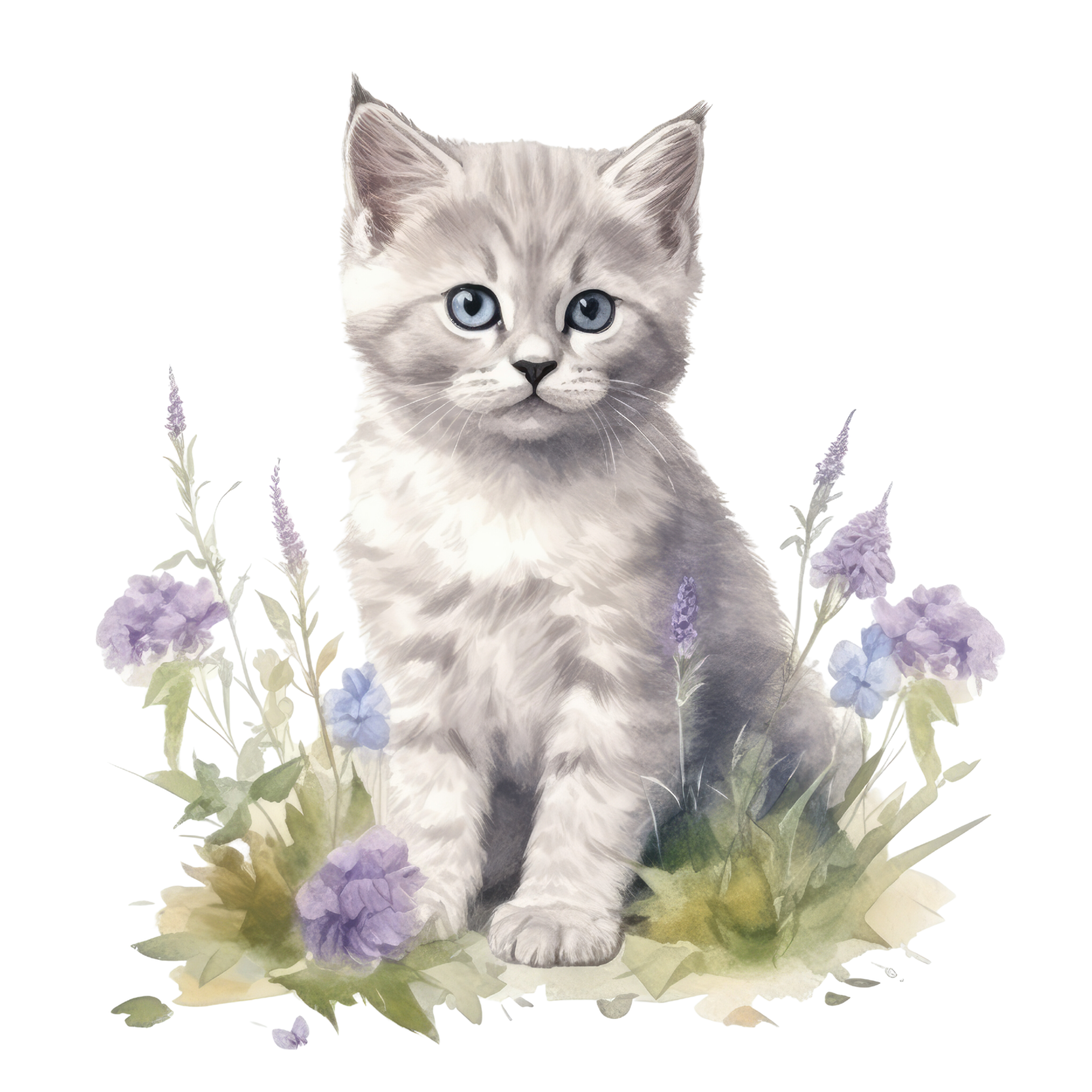 Smiling cute british short hair in cat holding bouquet in colorful flowers  isolated warm background. Concept of phonographic in art digital of animal  abstract profile. Glorious generative AI. Stock Illustration