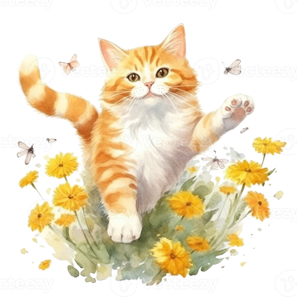 Watercolor painting of Orange Cat isolated transparent background, Digital art, image file format, png