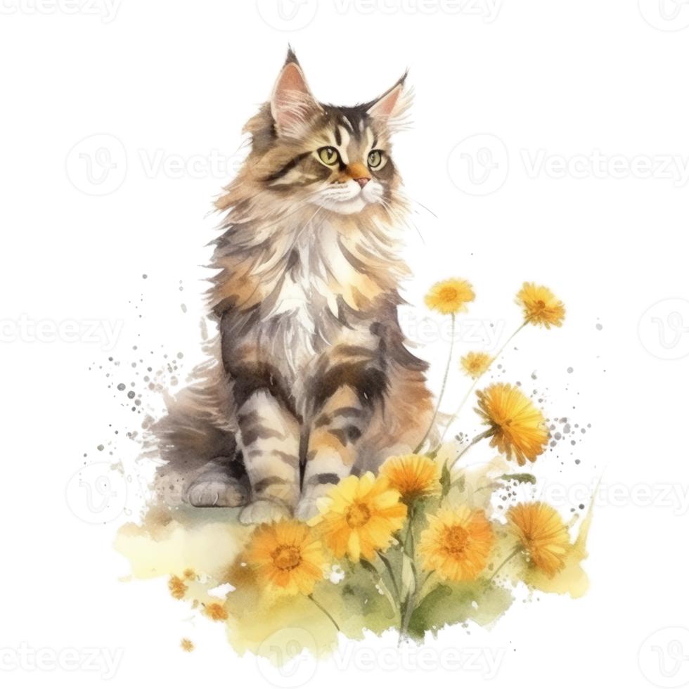 Watercolor painting of Maine Coon Cat isolated transparent background, Digital art, image file format, png