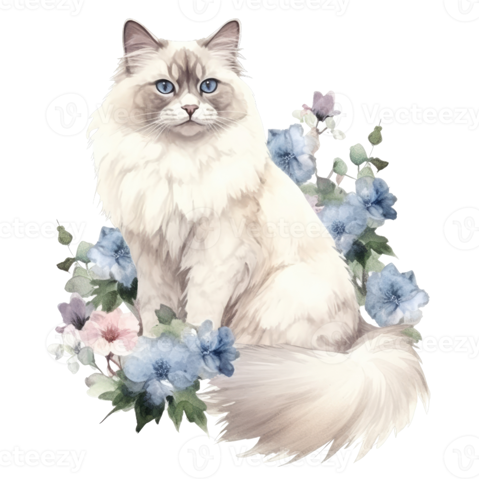Watercolor painting of Ragdoll Cat isolated transparent background, Digital art, image file format, png
