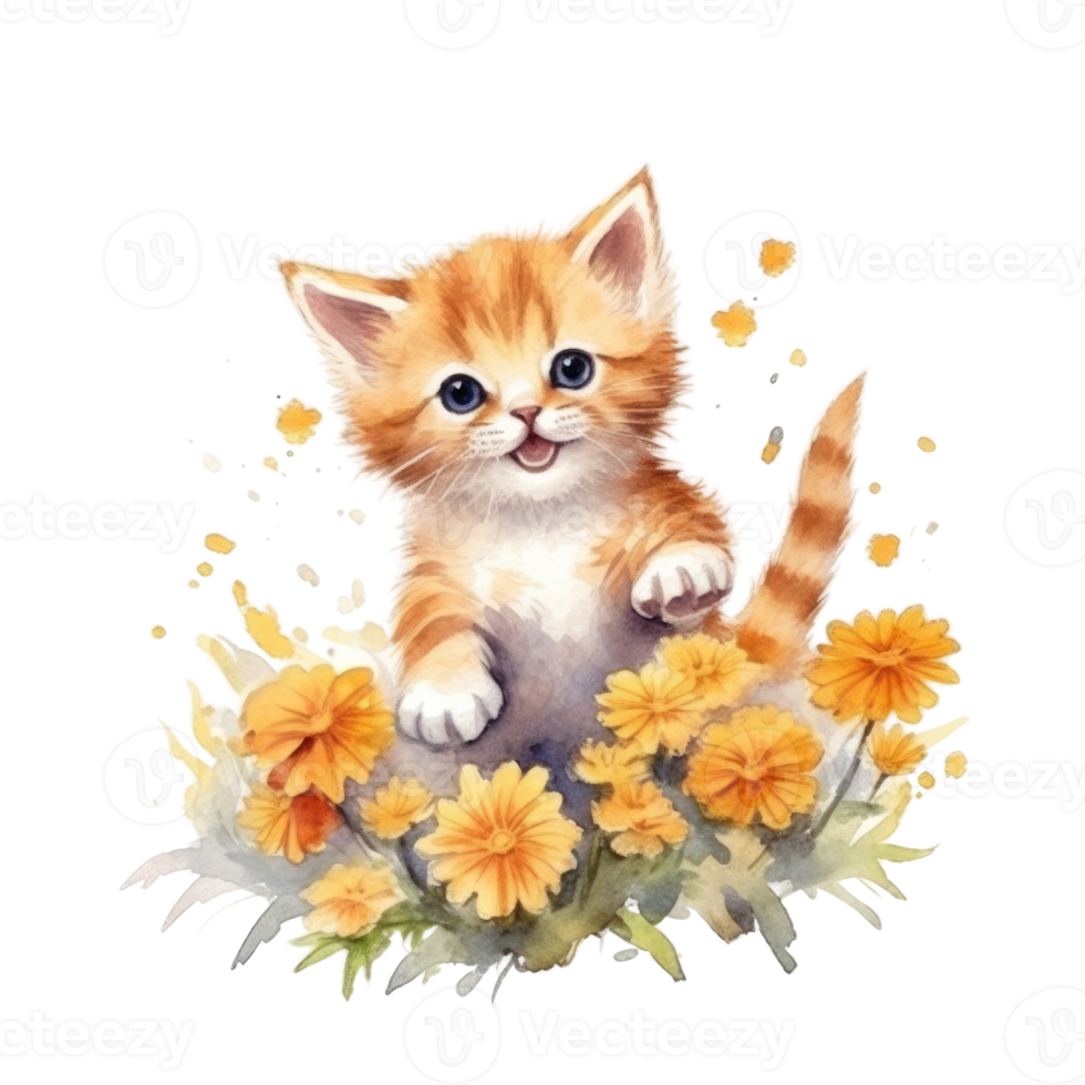 Watercolor painting of Orange Kitten isolated transparent background, Digital art, image file format, png