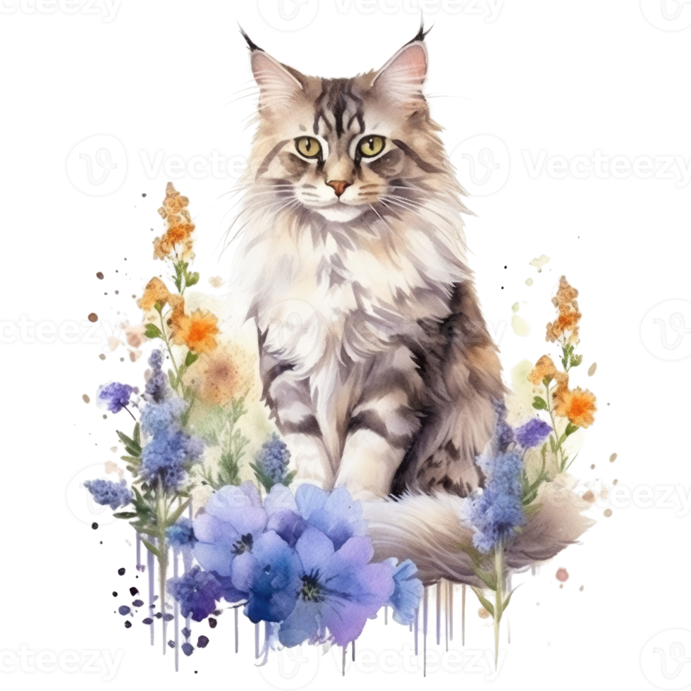Watercolor painting of Maine Coon Cat isolated transparent background, Digital art, image file format, png