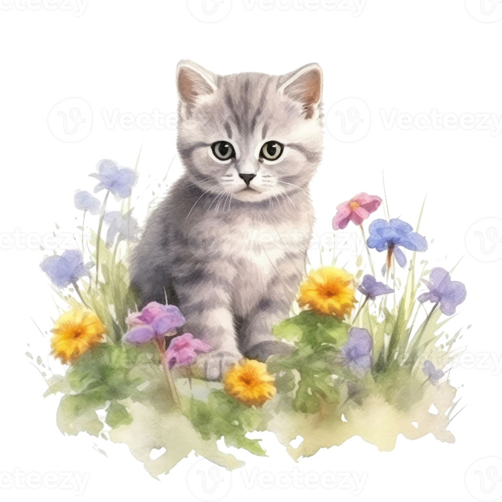 Smiling cute british short hair in cat holding bouquet in colorful flowers  isolated warm background. Concept of phonographic in art digital of animal  abstract profile. Glorious generative AI. Stock Illustration