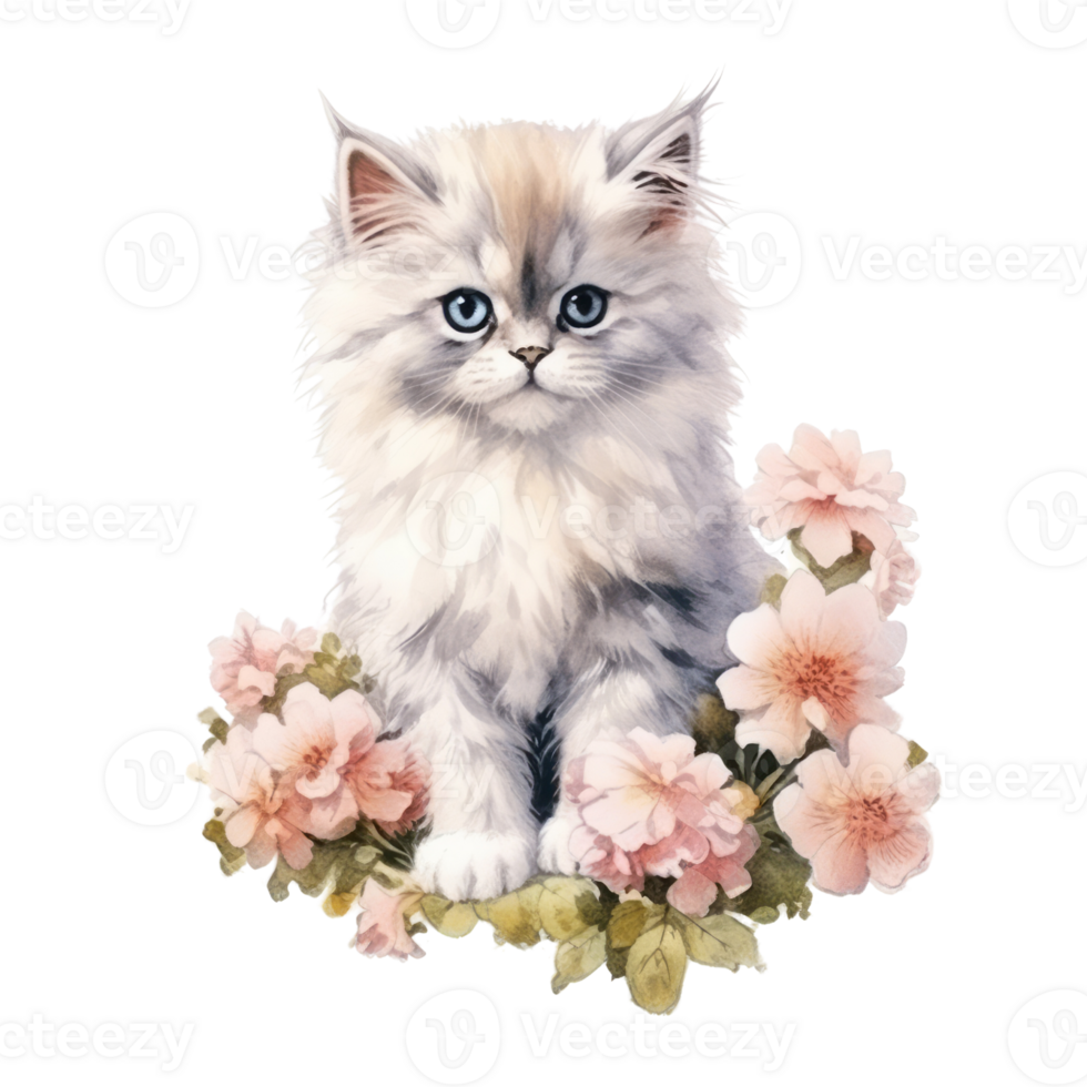 Watercolor painting of Cute Persian Kitten isolated transparent background, Digital art, image file format, , png
