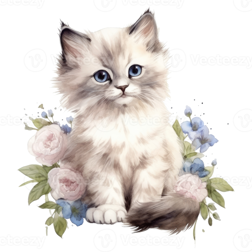 Watercolor painting of Ragdoll Kitten isolated transparent background, Digital art, image file format, png