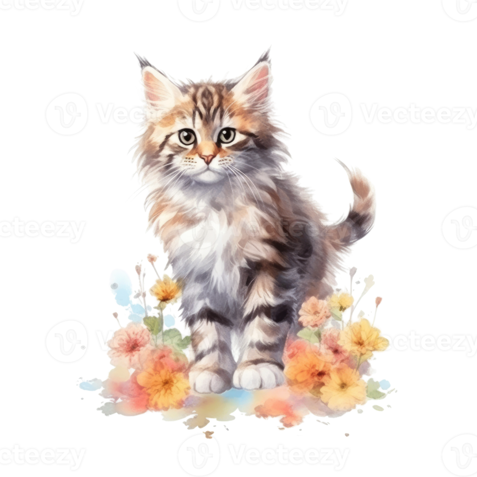 Watercolor painting of Cute Maine Coon Kitten isolated transparent background, Digital art, image file format, png