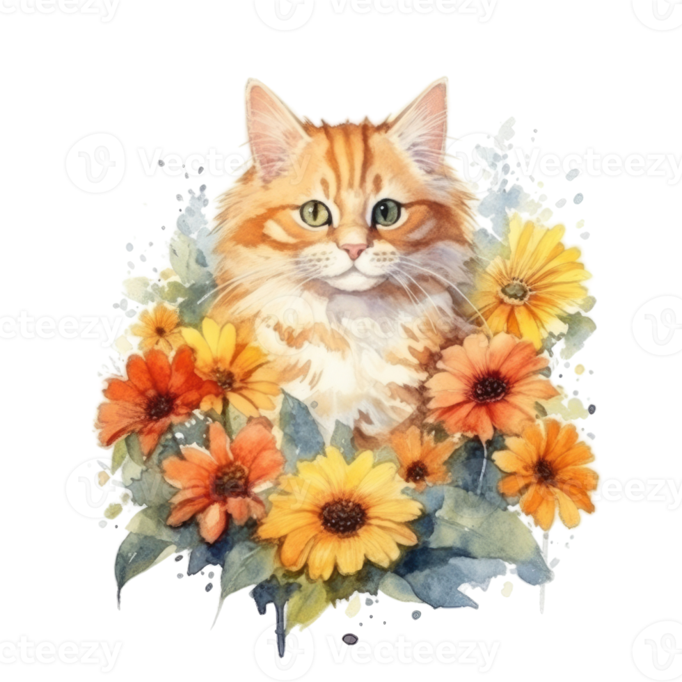 Watercolor painting of Orange Cat isolated transparent background, Digital art, image file format, png