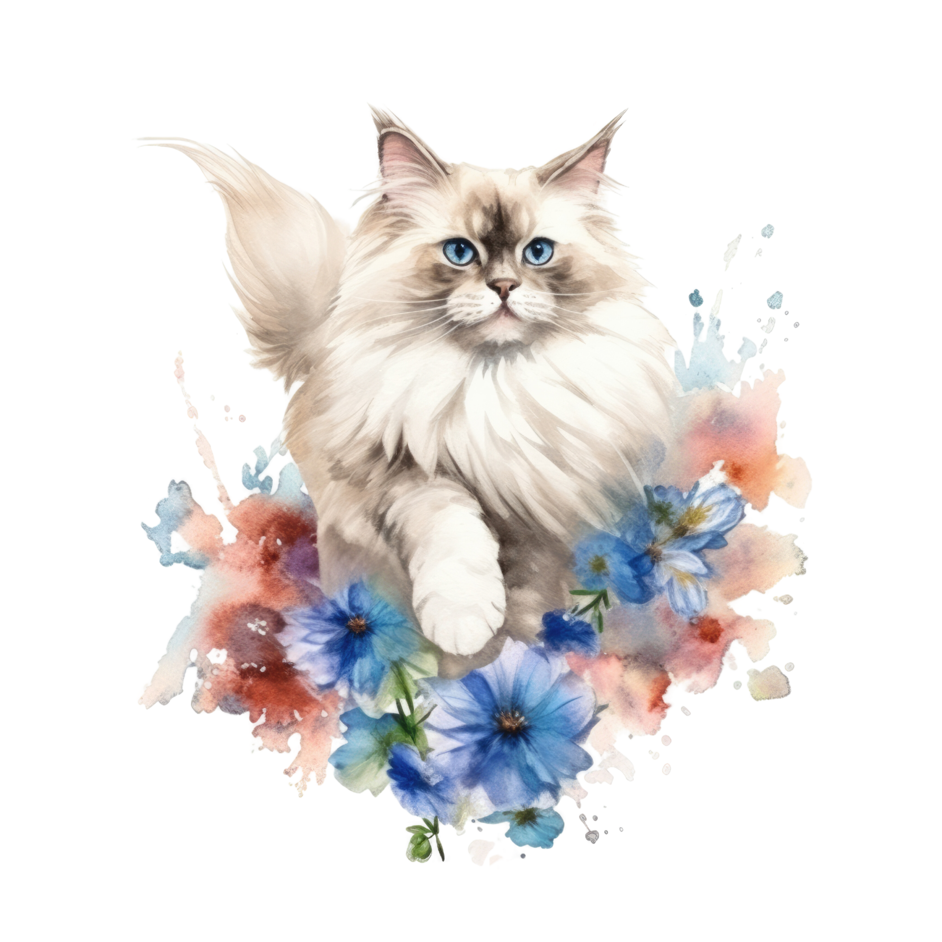 Watercolor painting of Ragdoll Cat isolated transparent background
