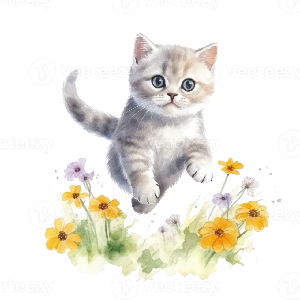 Watercolor painting of cute British Shorthair Kitten isolated transparent background, Digital art, image file format, png