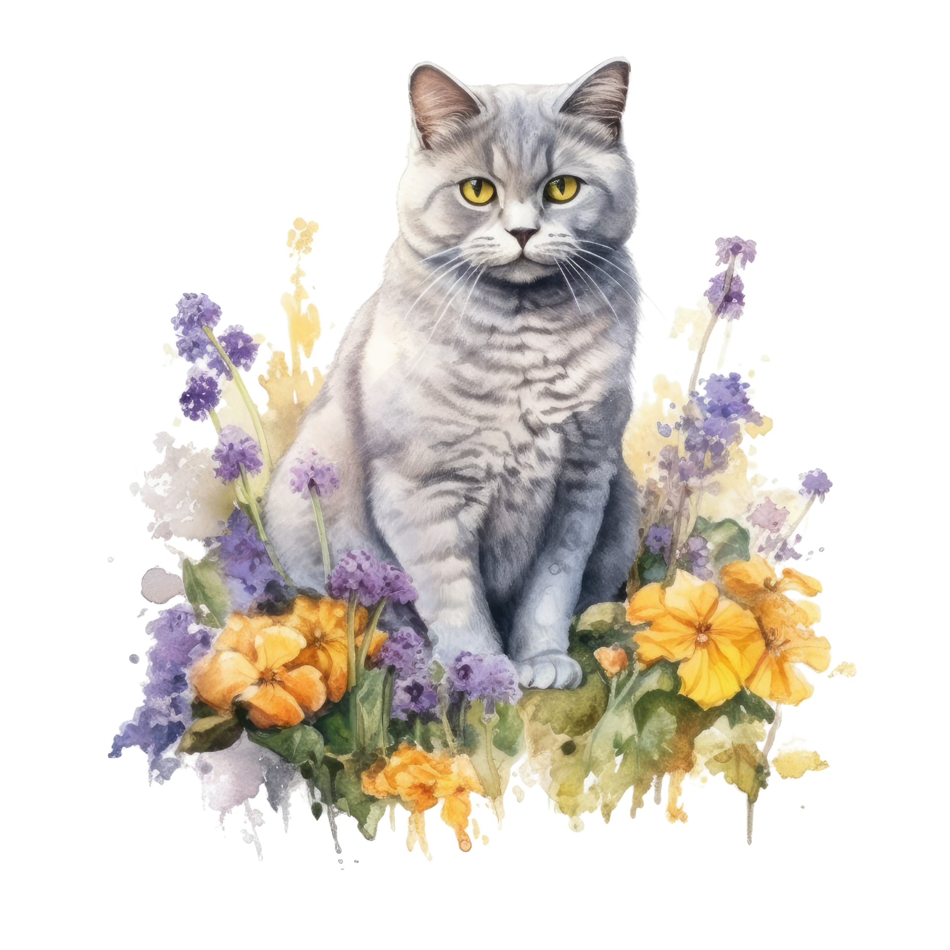 Smiling cute british short hair in cat holding bouquet in colorful flowers  isolated warm background. Concept of phonographic in art digital of animal  abstract profile. Glorious generative AI. Stock Illustration