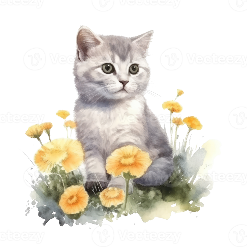 Watercolor painting of cute British Shorthair Kitten isolated transparent background, Digital art, image file format, png