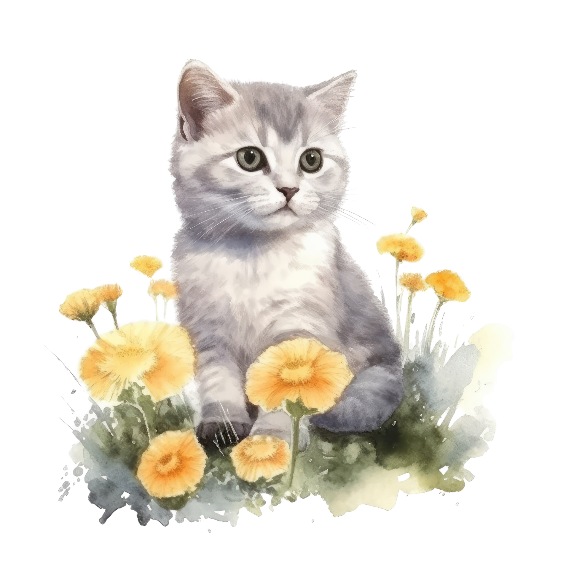 Smiling cute british short hair in cat holding bouquet in colorful flowers  isolated warm background. Concept of phonographic in art digital of animal  abstract profile. Glorious generative AI. Stock Illustration