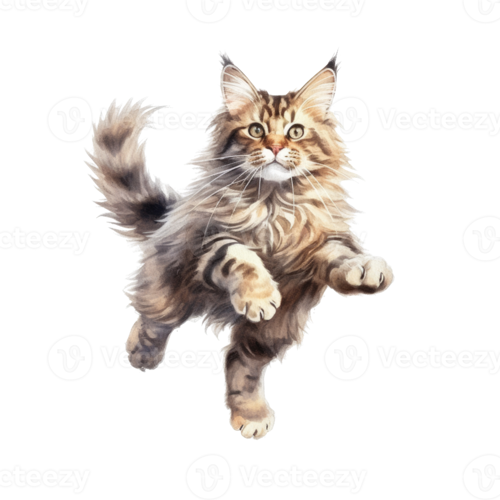 Watercolor painting of Maine Coon Cat isolated transparent background, Digital art, image file format, png