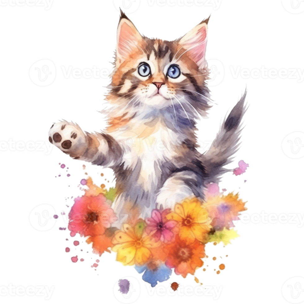 Watercolor painting of Cute Maine Coon Kitten isolated transparent background, Digital art, image file format, png