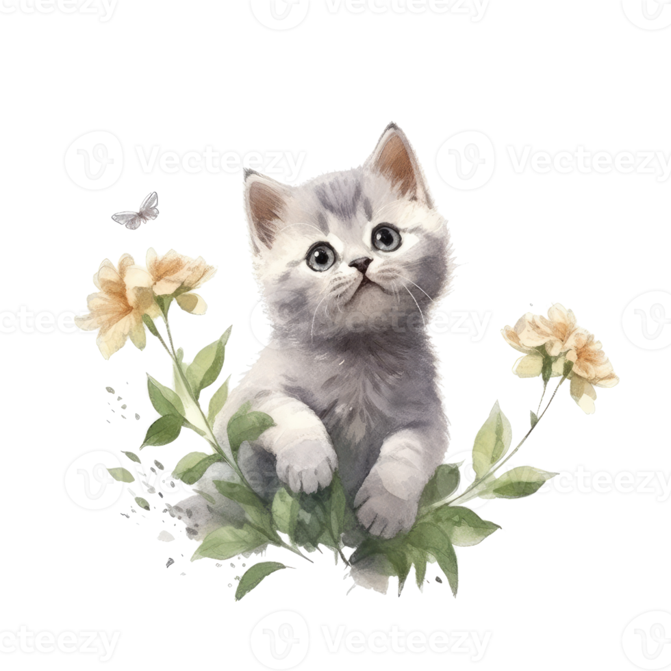 Watercolor painting of cute British Shorthair Kitten isolated transparent background, Digital art, image file format, png
