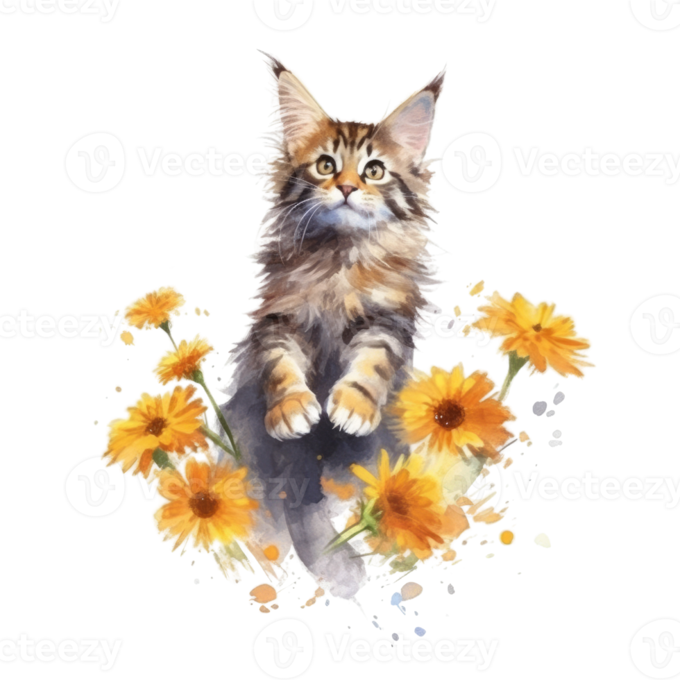 Watercolor painting of Maine Coon Cat isolated transparent background, Digital art, image file format, png