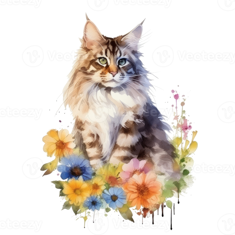 Watercolor painting of Maine Coon Cat isolated transparent background, Digital art, image file format, png