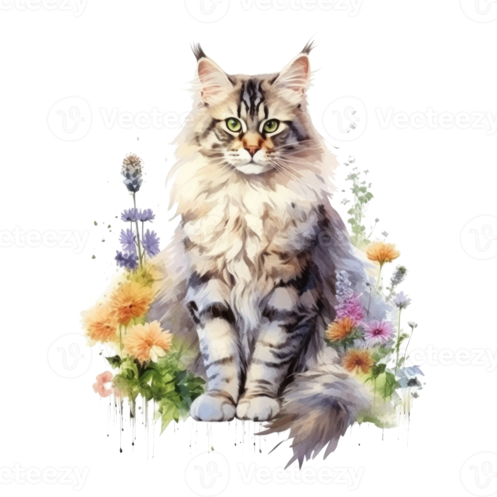 Watercolor painting of Maine Coon Cat isolated transparent background, Digital art, image file format, png