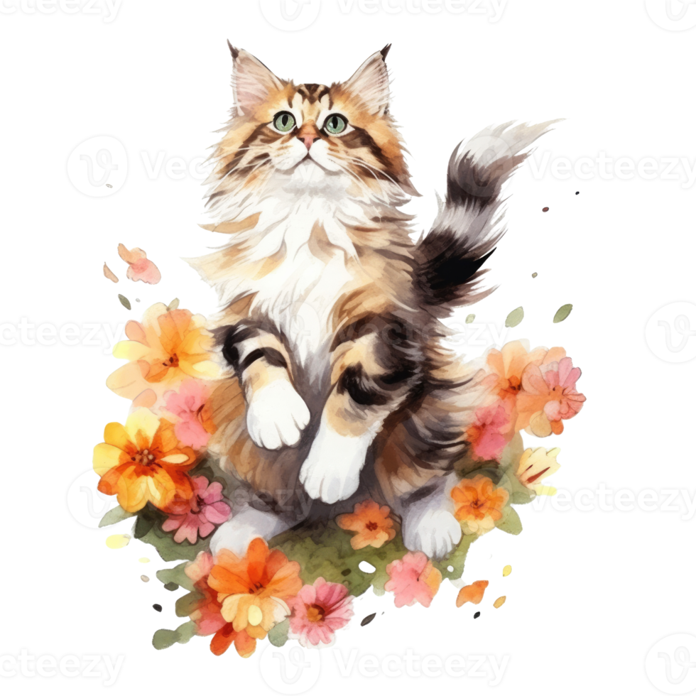 Watercolor painting of Maine Coon Cat isolated transparent background, Digital art, image file format, png