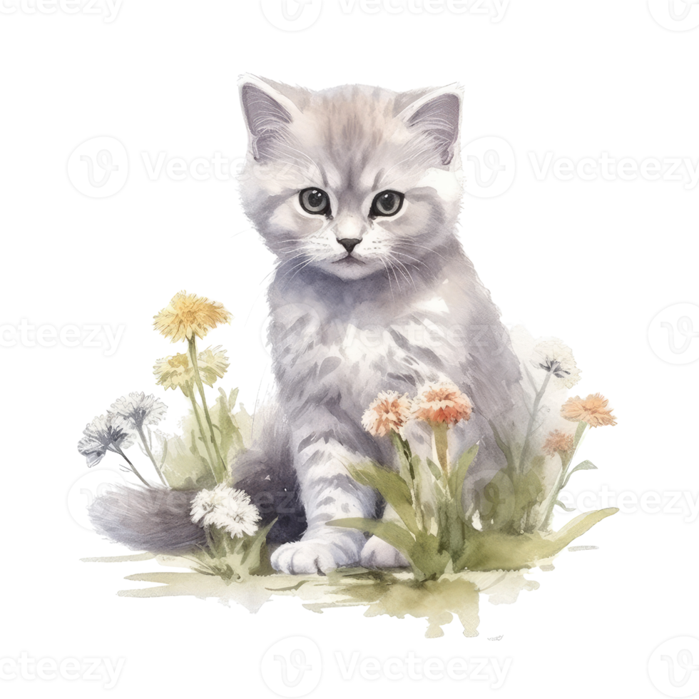 Watercolor painting of cute British Shorthair Kitten isolated transparent background, Digital art, image file format, png