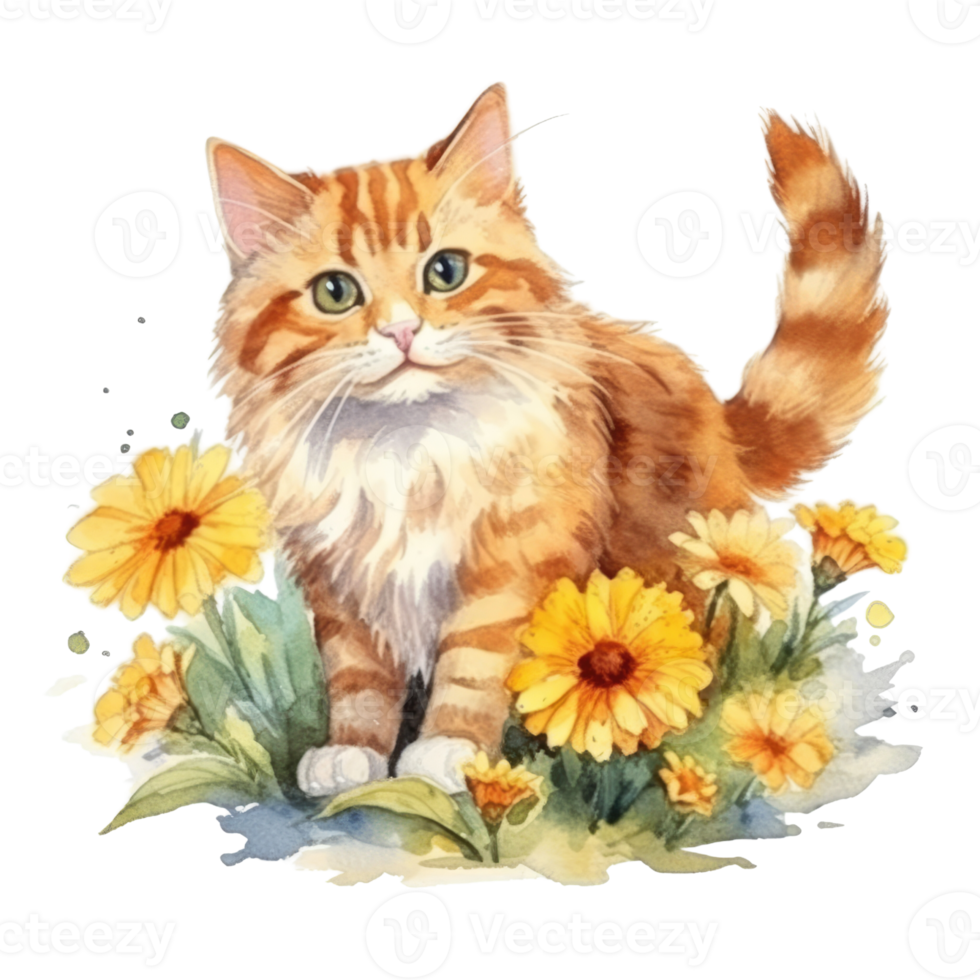 Watercolor painting of Orange Cat isolated transparent background, Digital art, image file format, png