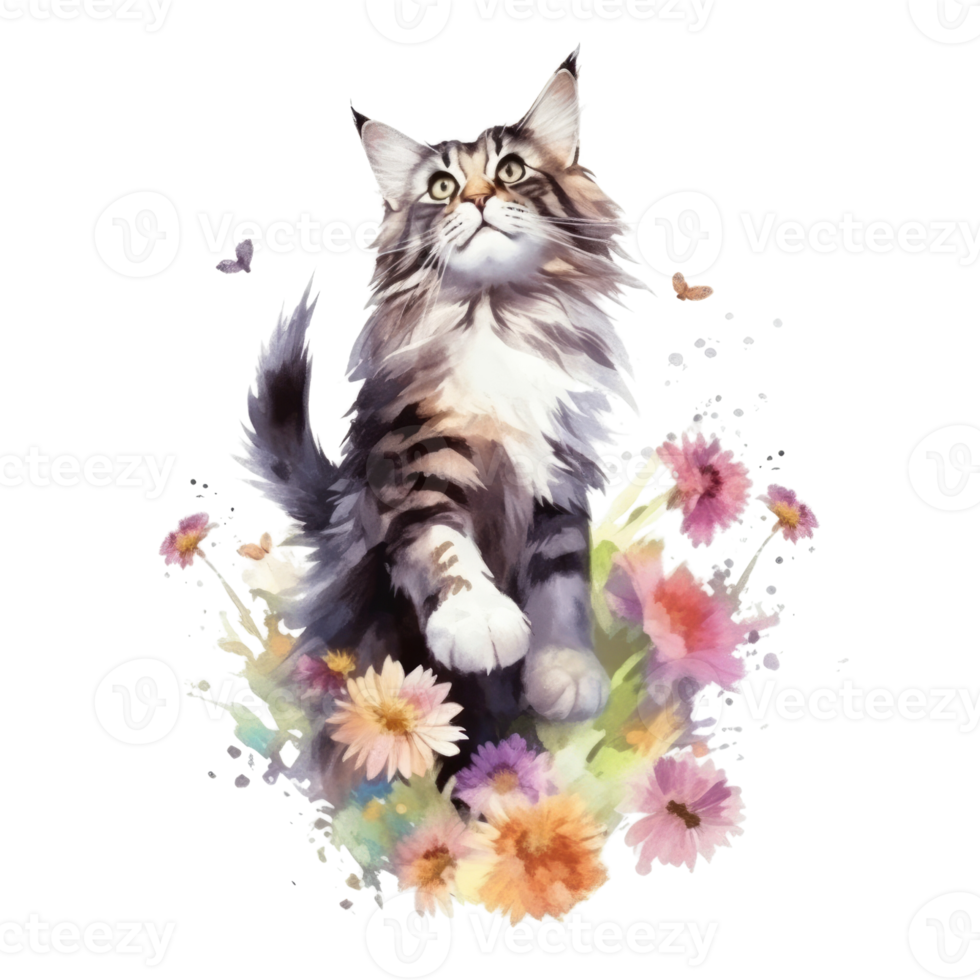 Watercolor painting of Maine Coon Cat isolated transparent background, Digital art, image file format, png