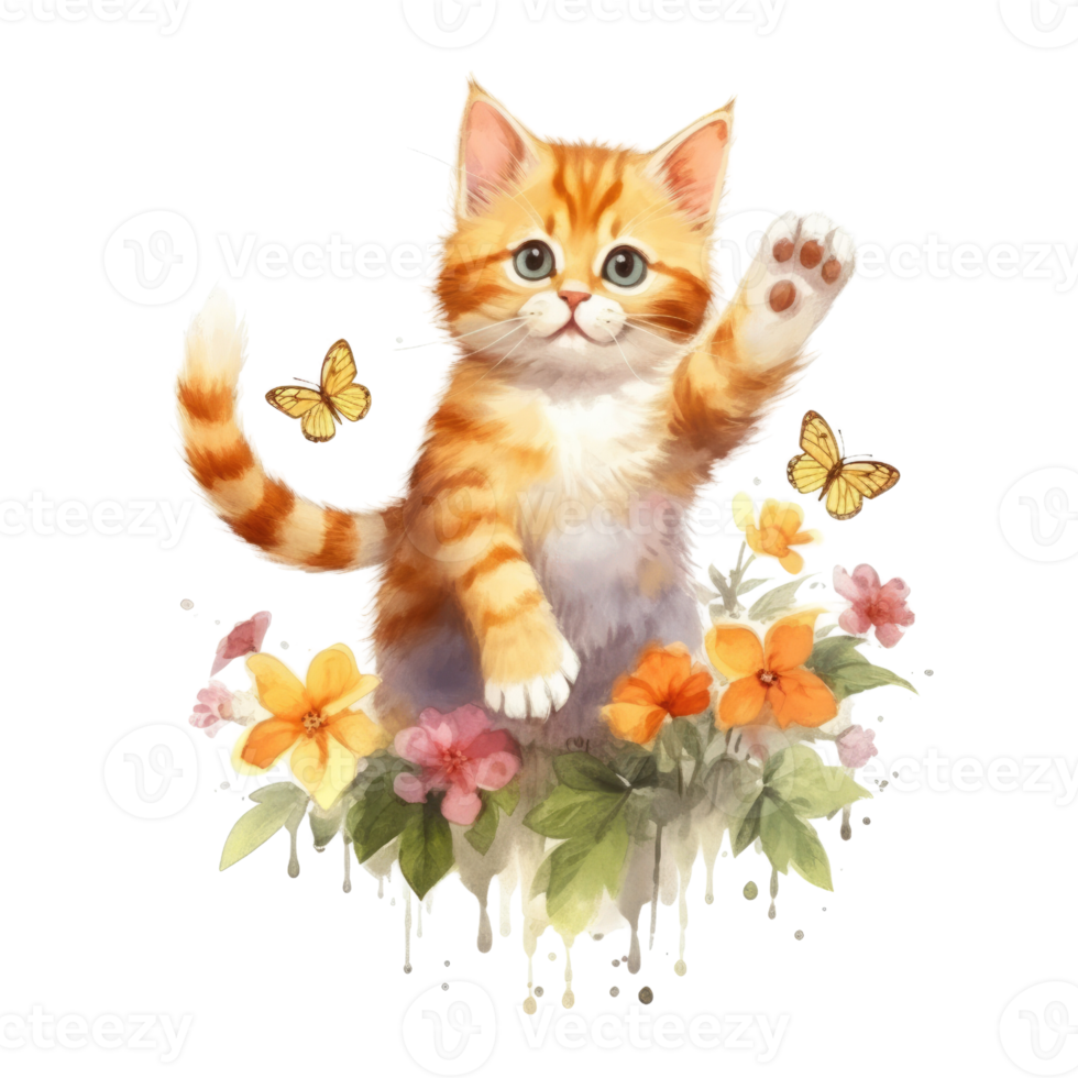 Watercolor painting of Orange Kitten isolated transparent background, Digital art, image file format, png