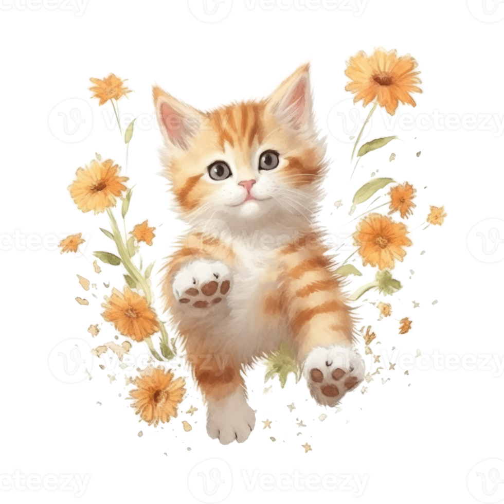 Watercolor painting of Orange Kitten isolated transparent background, Digital art, image file format, png
