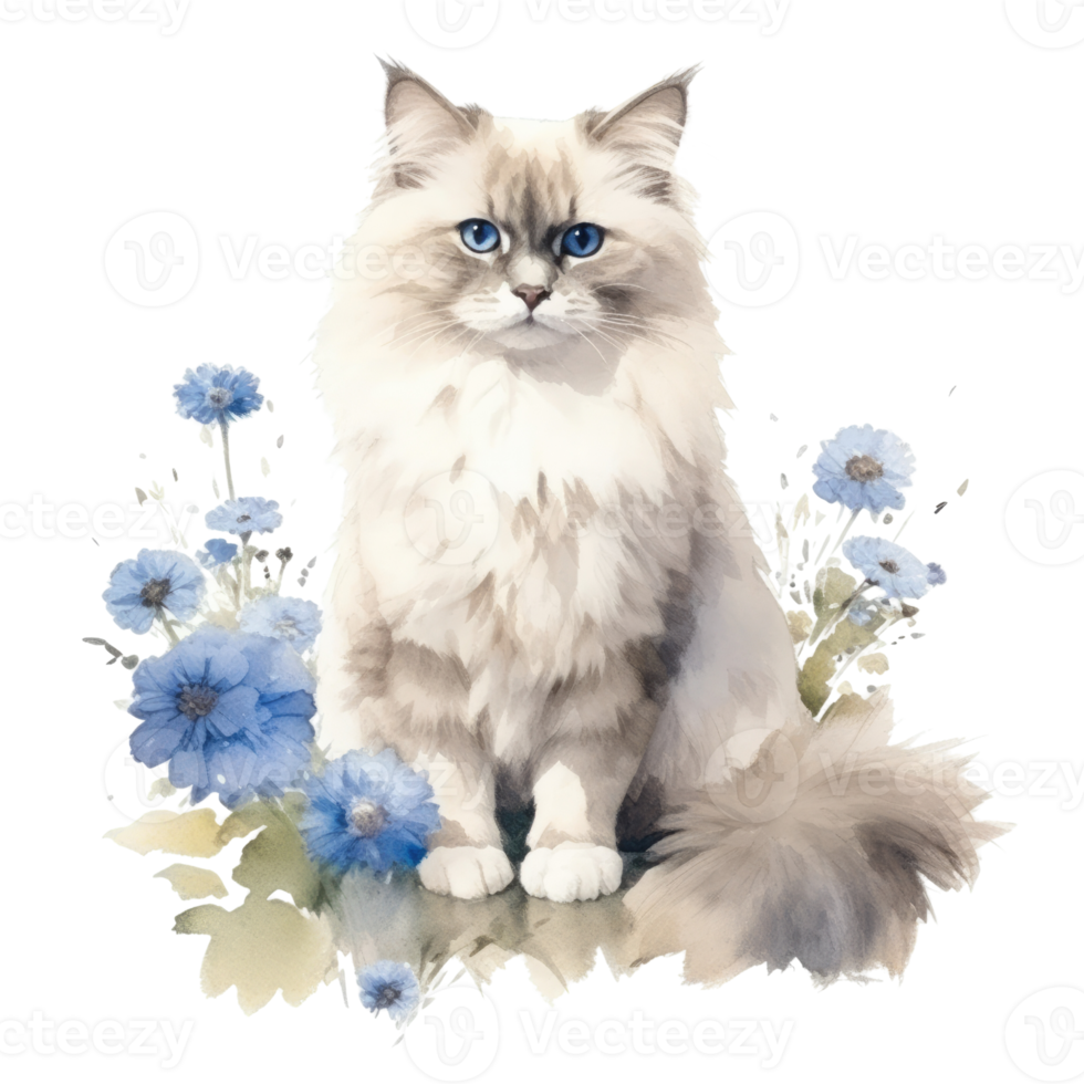 Watercolor painting of Ragdoll Cat isolated transparent background, Digital art, image file format, png